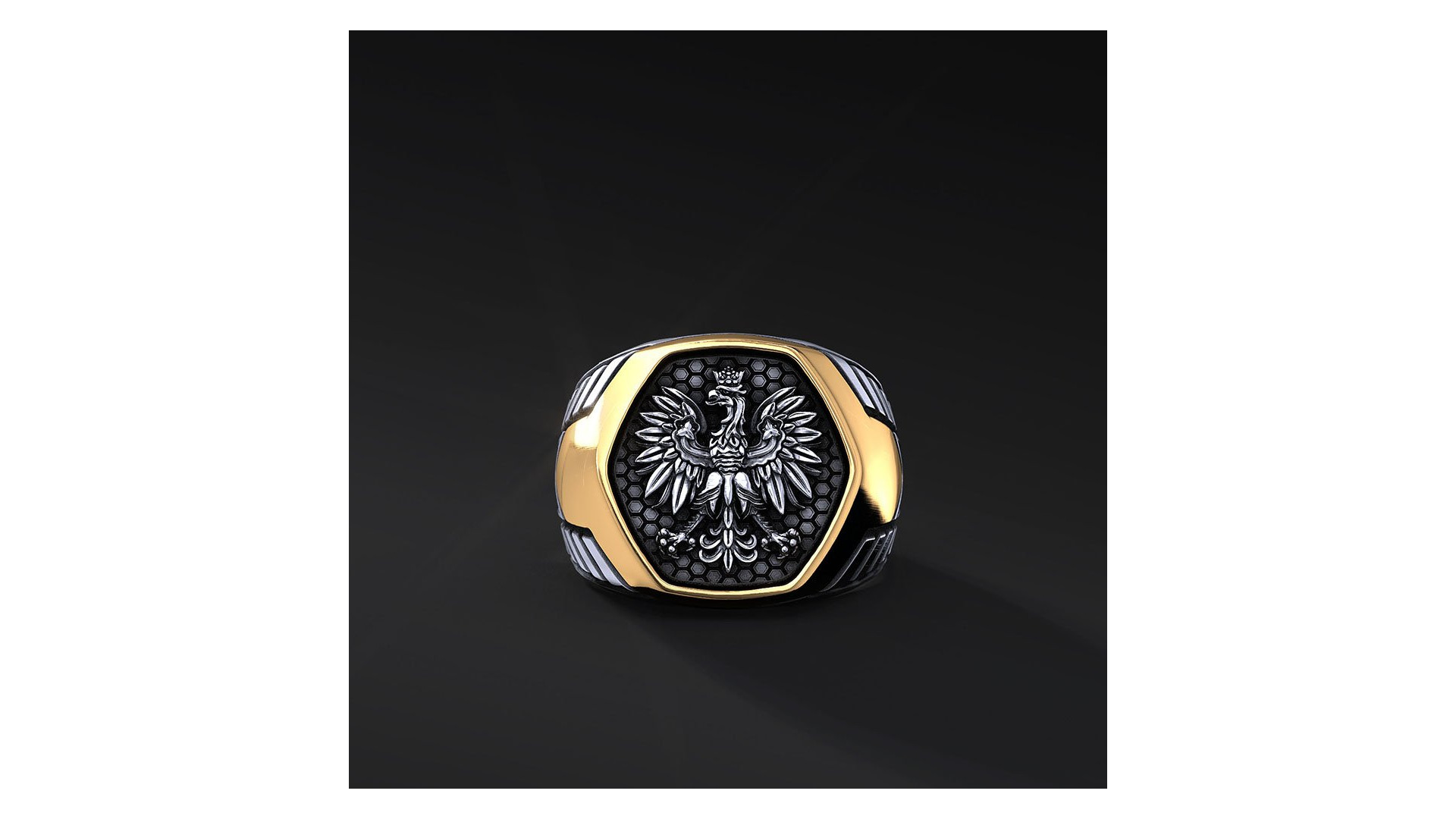 Patriotyczny sygnet męski z Godłem Polski "ARMOR WINGS" Godło Polski (srebro 925+złoto 585)  I ENIGMA Jubiler