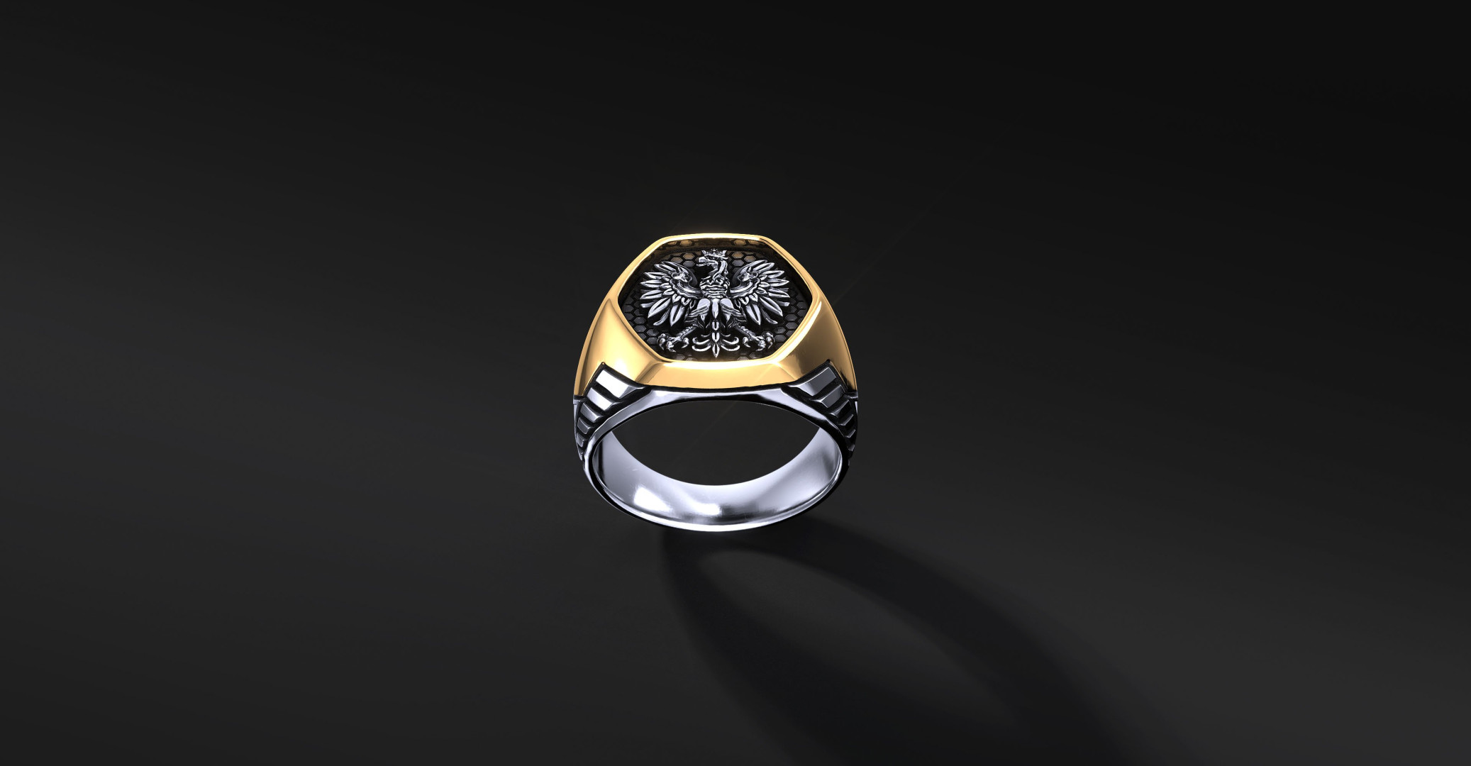Patriotyczny sygnet męski z Godłem Polski "ARMOR WINGS" Godło Polski (srebro 925+złoto 585)  I ENIGMA Jubiler