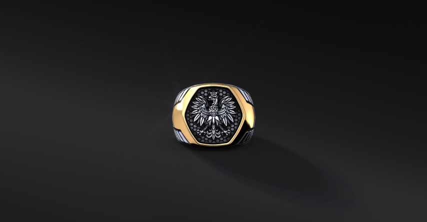 Patriotyczny sygnet męski z Godłem Polski "ARMOR WINGS" Godło Polski (srebro 925+złoto 585)  I ENIGMA Jubiler
